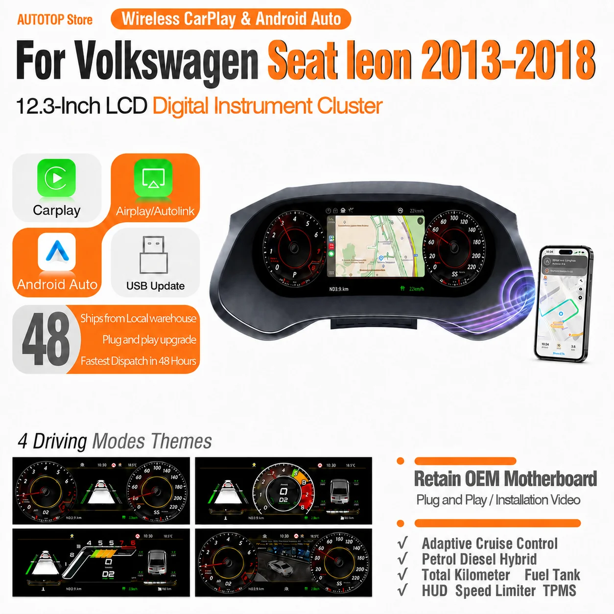 AUTOTOP Panel de Instrumentos Digital de 12.3" para Volkswagen VW Seat Leon MK3 5F 2013-2018, Actualización de Tablero LCD Virtual Cockpit, Reemplazo de Velocímetro Digital, CarPlay Inalámbrico, Android Auto, AirPlay, AutoLink, Pantalla de Información Original del Vehículo, Plug & Play. 1