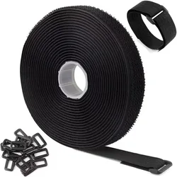 Adjustable Black Reusable Cable Straps with Buckles - Hook and Loop Cord Organizer - 20mm (10M Straps 50Buckles)