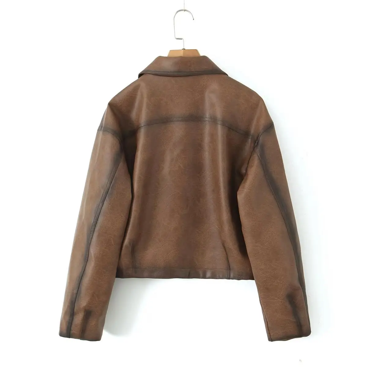 Withered French Fashion High Street Vintage Washed Leather Jacket with Lapel Pockets Brown Motorcycle Leather Coat Women