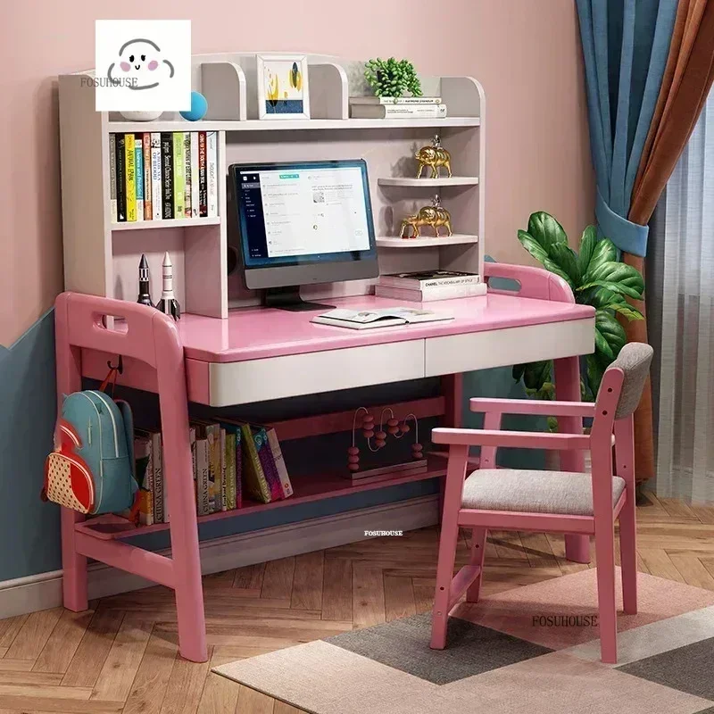 Solid Wood Children Tables Learning Desk Simple Integrated Desk and Bookshelf Modern Student Home Bedroom Writing Chair