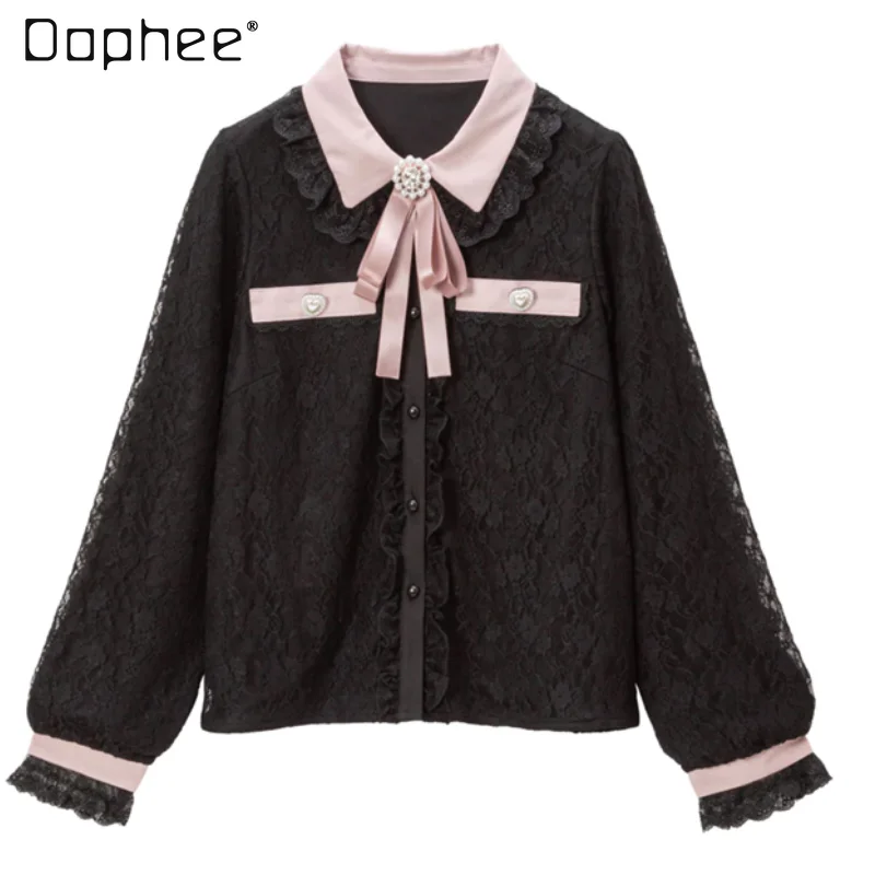 Japanese Kawaii girl Elegant Lace Bow Base Blouses Student 2023 Autumn and Winter New Loose Long Sleeve Doll Collar Top Ladies