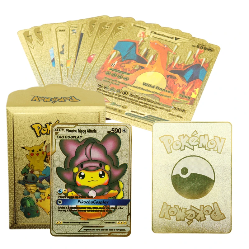 Pokemon Metal Card Spanish Box Gold Black Golden Letters Silver English Vmax Gx Collection Charizard Pikachu Cards Pack Toy Gift