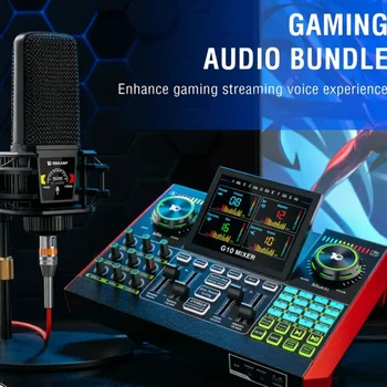 TENLAMP G10 PKPRO Podcast Equipment Bundle 6 Channel with 3.5mm Mic & XLR Audio Interface, RGB Live Sound Card Professional Mixer for PC Smartphone Laptop, Streaming Gaming Singing DJ Studio Set