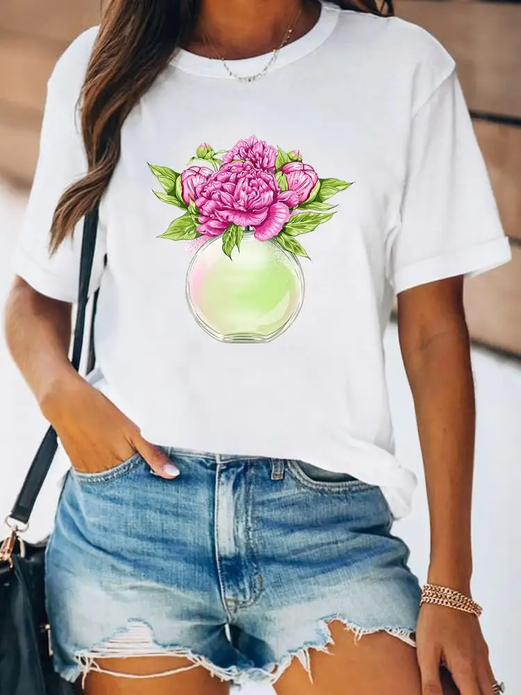 Women Spring Fashion Summer Female Tee Shirt Print Clothes Lady Short Sleeve Flower Lovely Floral Trend 90s Graphic T-shirt