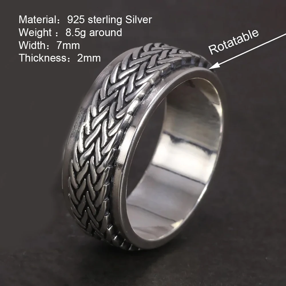 Silver Rings Silver Ring Rotating Ring 925 Sterling Silver Rotatable Rings For Men And Women Simple Hemp Rope Type Spinner Vintage Male Jewelry