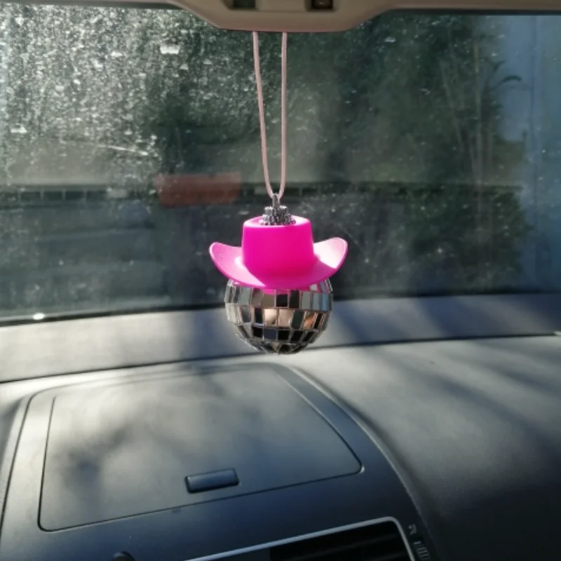 pink cowgirl cowboy hat car charm rear view mirror hanging disco ball bling  keychain western - Aliexpress