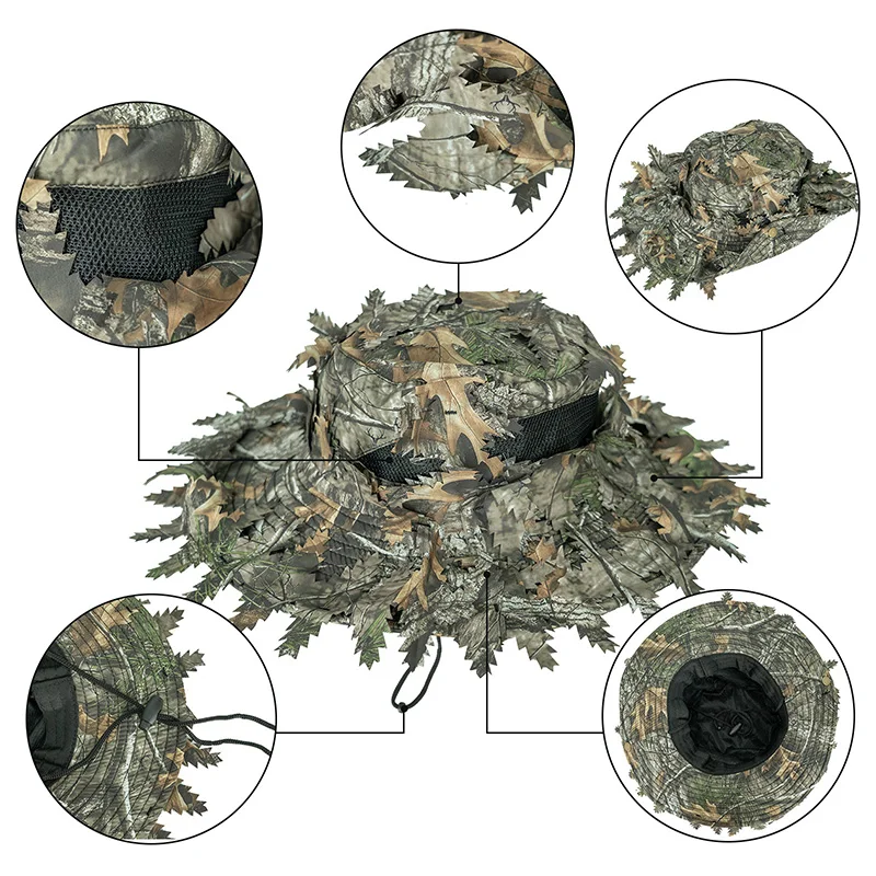 Outdoor Bionic Tree Hunting Bucket Hat Polyester Camping Hiking Hunting with 3D Maple Leaf Hidden Jungle Hat Sun Protection Cap