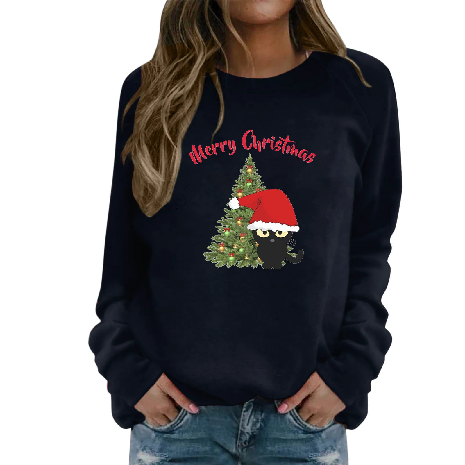

Women's Casual Round Neck Raglan Long Sleeve Christmas Tree Hat Cat Print Pullover Sweatshirt Cotton Sweatshirts for Women