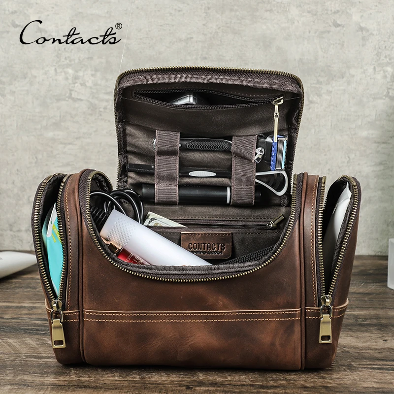 CONTACT'S Genuine Leather Cosmetic Bag for Men Travel Toiletries Bags Designer Top-handle Makup Wash Bag Organizer Capacity coffee genuine calf leather nametag airline tag label for designer bag travel luggage duffle customized hot stamp big size