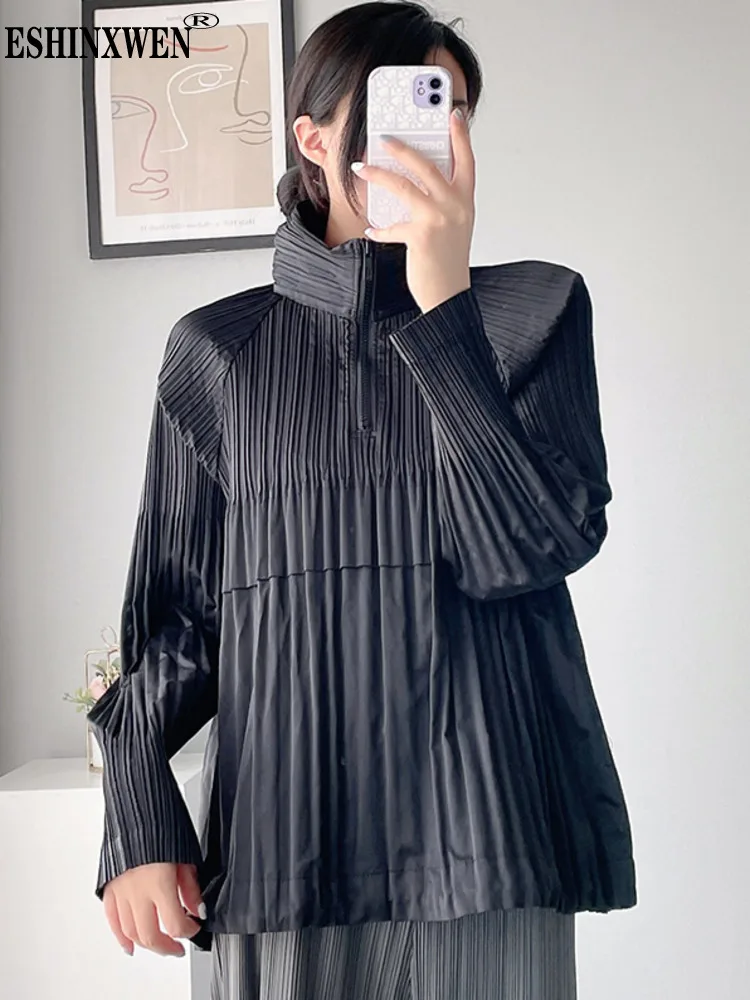 

Eshin 2023 Autumn New Women's Pleated Solid Color Blouse Casual Zipper Stand Collar Long Sleeves Shirt Fashion TH4824