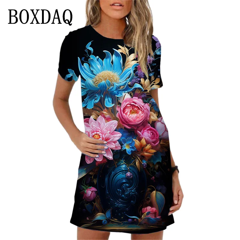 

2023 Summer Women's Short-sleeve Dress Elegant Casual Floral Printed Mini Dress Harajuku Colorful Flowers Power Female Sundress