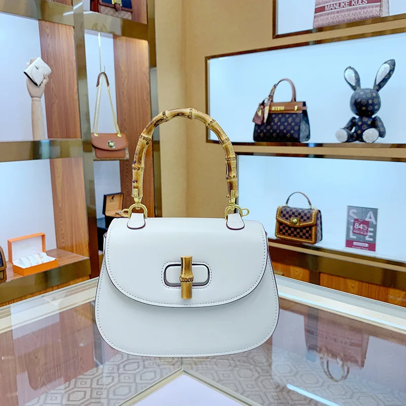 Genuine Leather Handbags for Women, Ladies Designer Bag, Luxury Natural Bamboo Handle Bags, High Quality, Trend