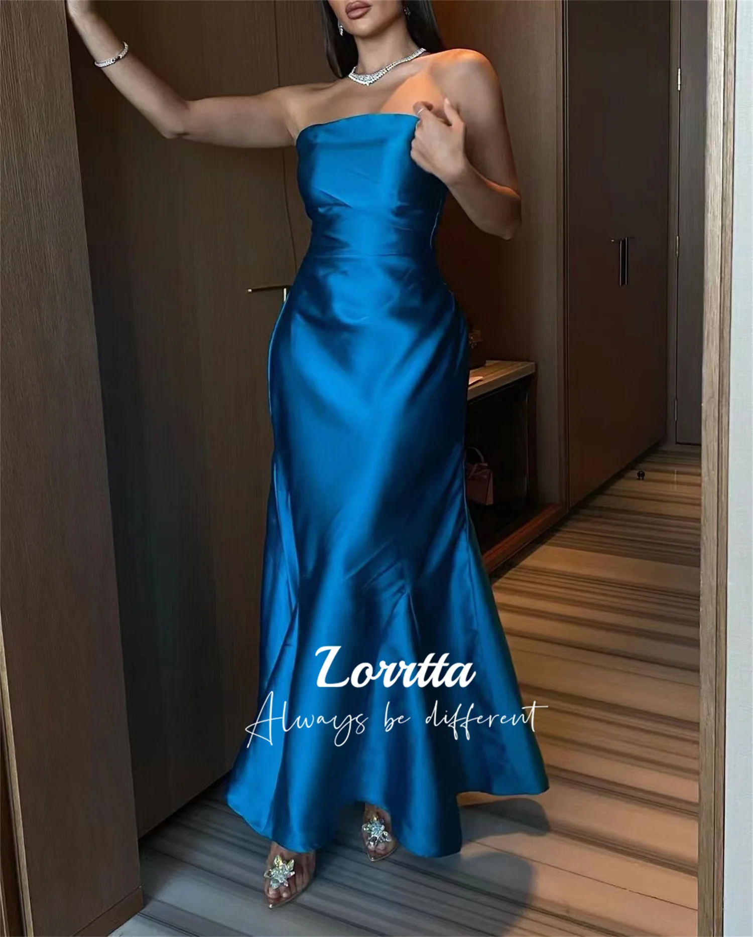 

Lorrtta Blue Fishtail Simple Tube Top Strapless Ankle Length Cocktail Party Dresses for Prom Luxury Special Events Evening Dress