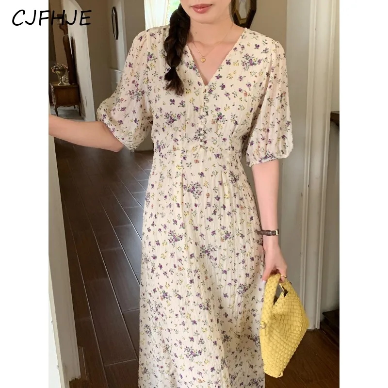 

CJFHJE Summer Women's Floral V-neck Single Breasted Waist Cinching Dress Version Gentle Short Sleeved Women Mid Length Dresses