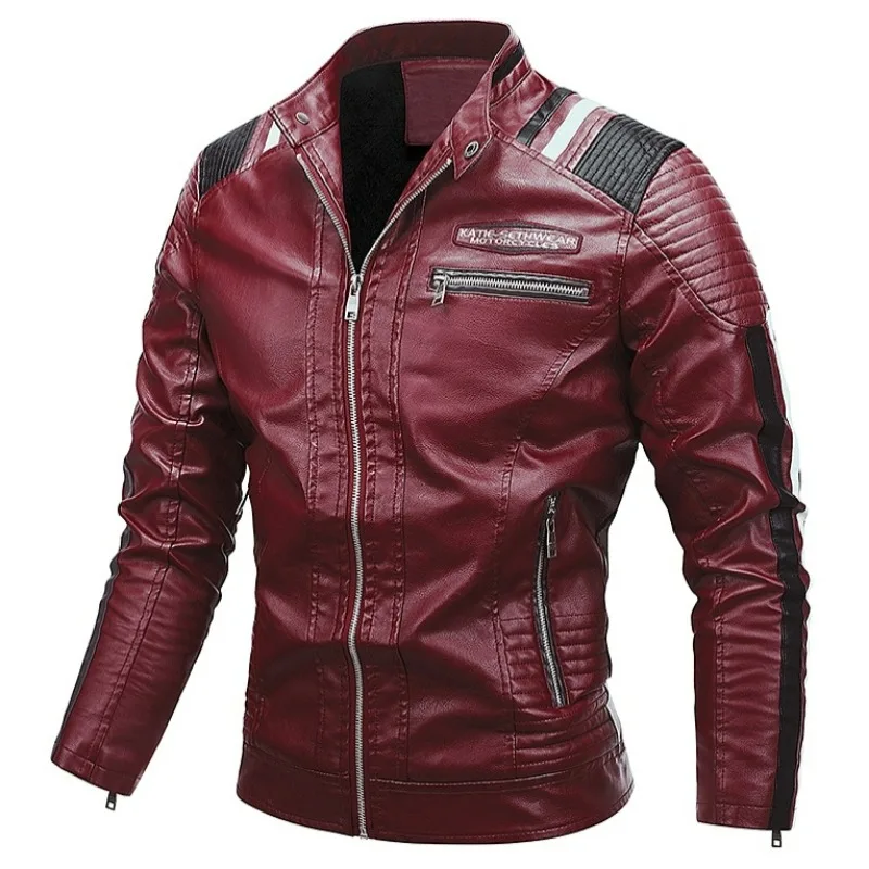 Plush and thick standing collar baseball jacket, trendy motorcycle suit, cycling suit, PU leather jacket
