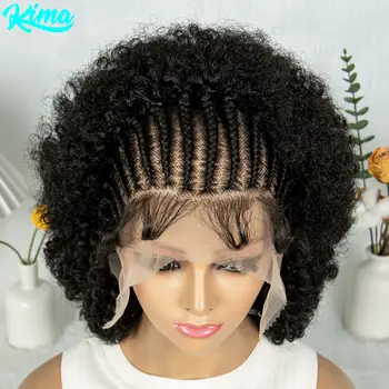 Short Afro Kinky Curly Braided Wigs With Cornrow Braids Synthetic Full Lace Braided Bob Wigs With Baby Hair for Black Women