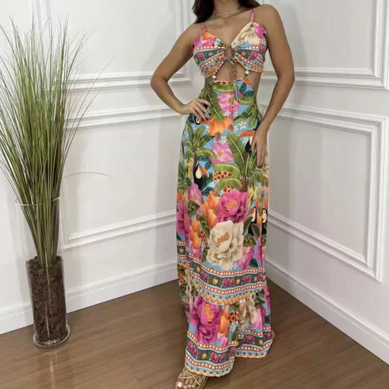 

Women Elegant Deep V-neck Sleeveless Bohe Dress Sexy Hollow Out Lace-up Sling Long Dress Fashion Pattern Print Waist Party Dress