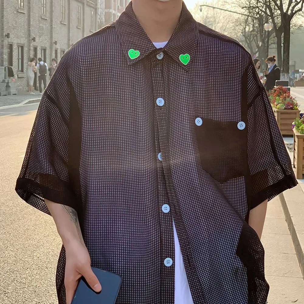 

Shirts Men Korean Comfortable Blouses Casual Loose Classic Single Breasted Shirt Men's Half Sleeve Street Mesh Sheer Lapel Top