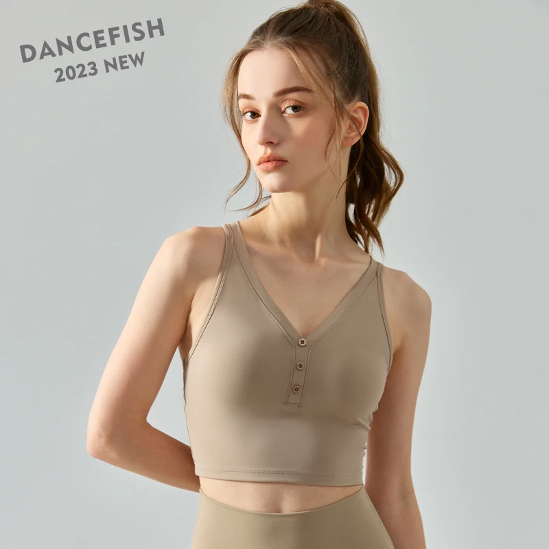

DANCEFISH 2023 шикарный женский V-образный вырез декоративные пуговицы Playfulness короткий жилет низкой интенсивности съемные подкладки спортивный топ ежедневный бюстгальтер для йоги