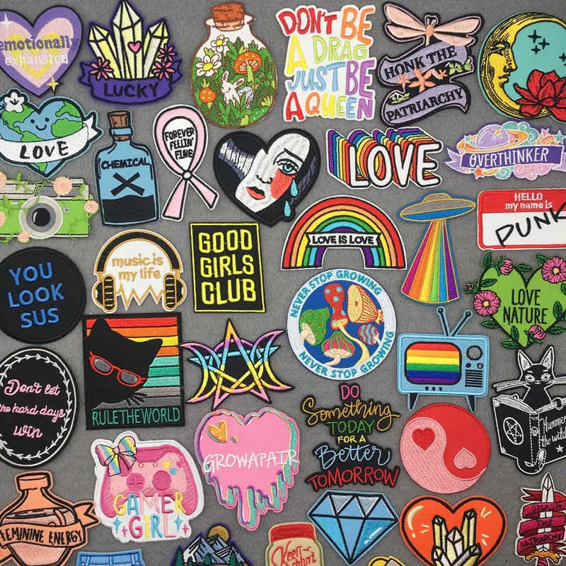 Cartoon quote and pride embroidered patches with feminist, rainbow, and aesthetic designs