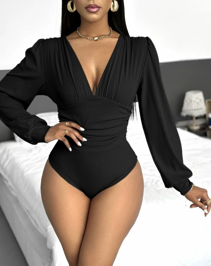 

Sexy Jumpsuit Woman Outfits 2024 Solid Color Lantern Sleeve Deep V-Neck Ruched Ribbed Bodysuit Ladies Overalls Woman Clothing
