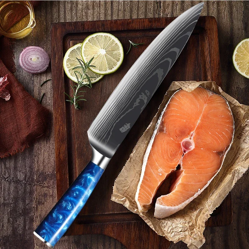 Pro Kitchen Santoku Salmon Knife 7Cr17Mov Laser Pattern Vegetable Fruit Knives Japanese Fish Fillet Sashimi Sushi Knife