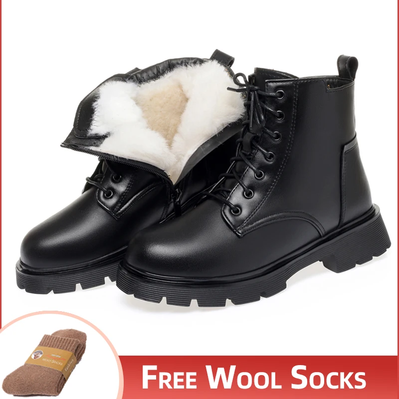 

2022 New Fashion Wool Warm Women Ankle Boots Large Size British Style Women Motorcycle Boots Women Winter Boots Genuine Leather