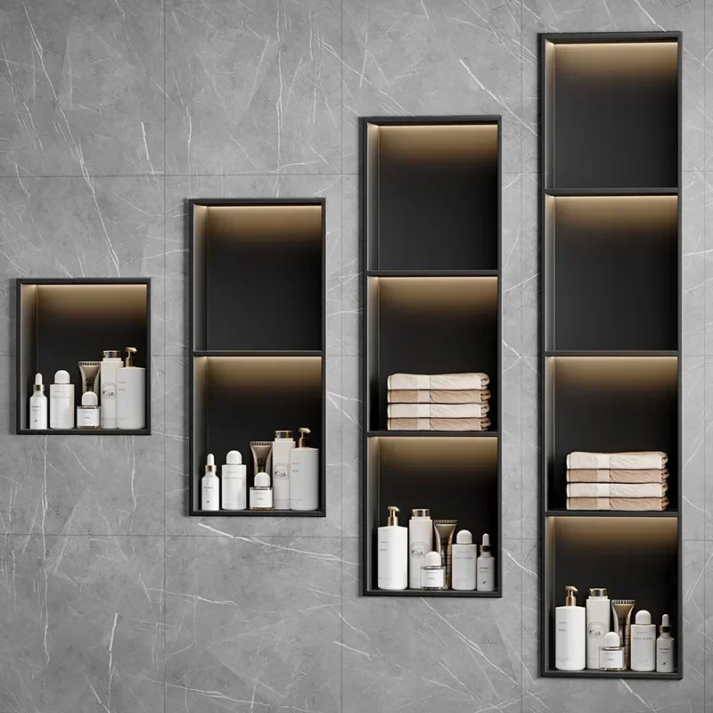 สแตนเลส Niche ห้องน้ําชั้นวางฝังตู้ทีวีสไตล์,โลหะ Layered Partition Organizer,Modern Washroom Decor 1