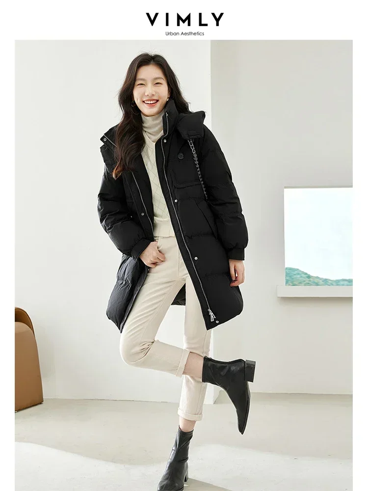 Vimly Black Long Down Jackets for Women 2023 Hooded Zipper Stand Collar Windproof Warm Women's Winter Coat Female Clothes 50612