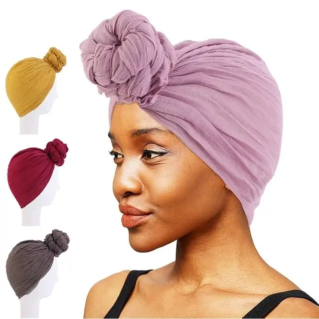 

Muslim Women Solid Color Voile Turban Plain Female Headscarf Soft Hair Care Knotted Beanie Indian Caps Hair Loss Accessories