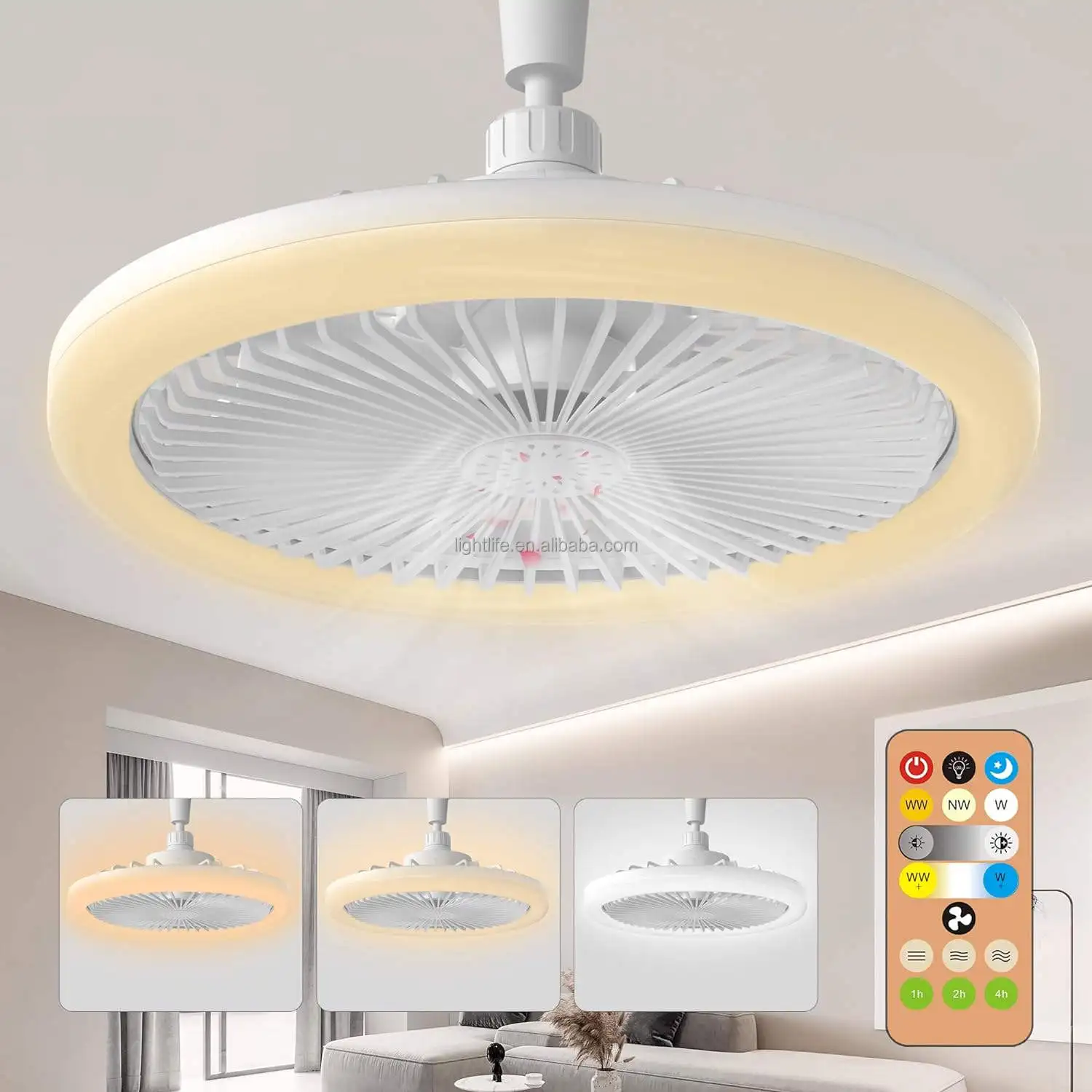 30W E27 LED 천장 선풍기 조명 및 리모컨 포함, 무소음 팬 램프, 거실 주방용 색상 조절 가능, AC 85-265V