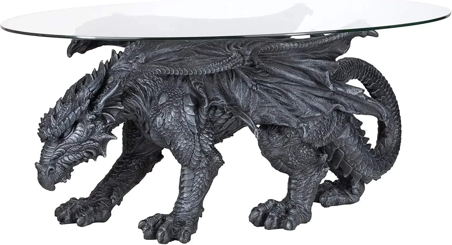 Gothic Decor Glass Topped Coffee Table, 39 Inch, Polyresin, Grey Stone Fashion