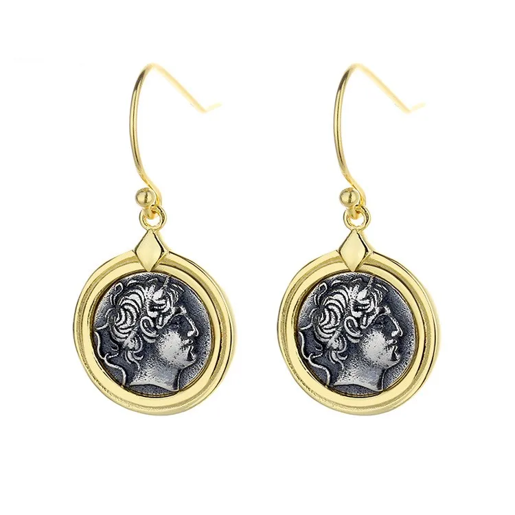 

DMTL-2 ZFSILVER S925 Silver Fashion Trendy Luxury Gold Retro Dmitri Ancient Coins Earrings Jewelry Women Match-all Gifts Girls