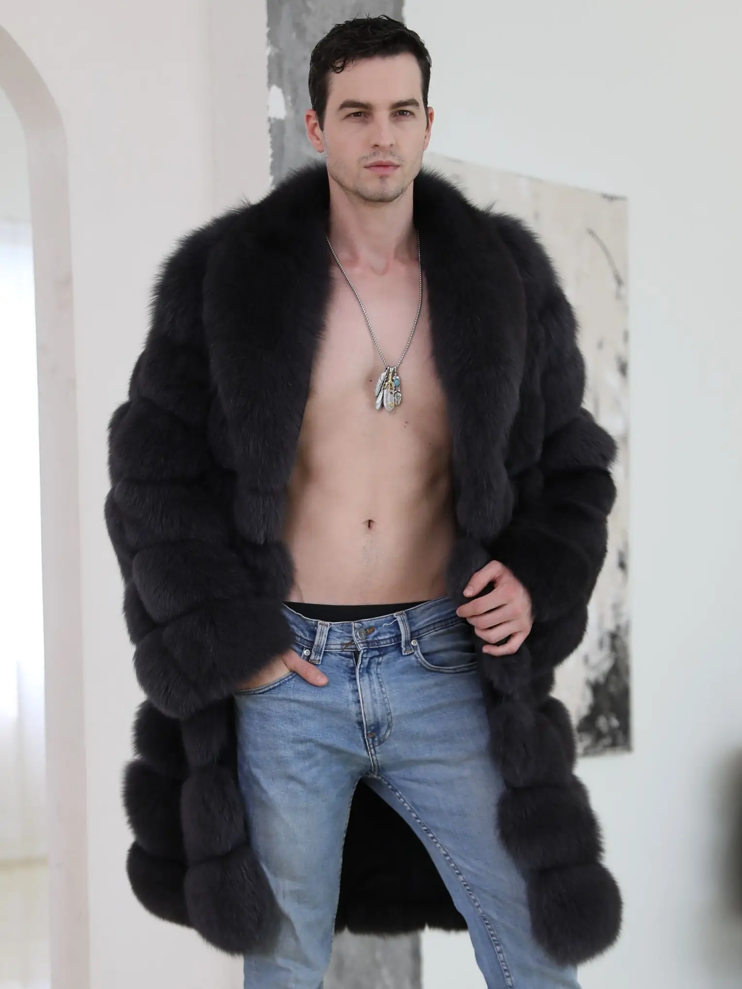 

Длинное Мужское пальто из натурального меха лисы, зима 2022