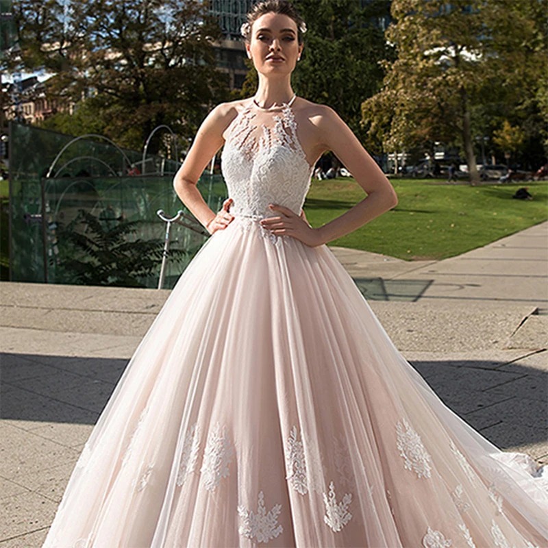 

O-Neck Bridal Ball Gown Princess Backless Lace Appliques Wedding Gown 2022 Romantic Tulle Sweep Train Robe De Mariée