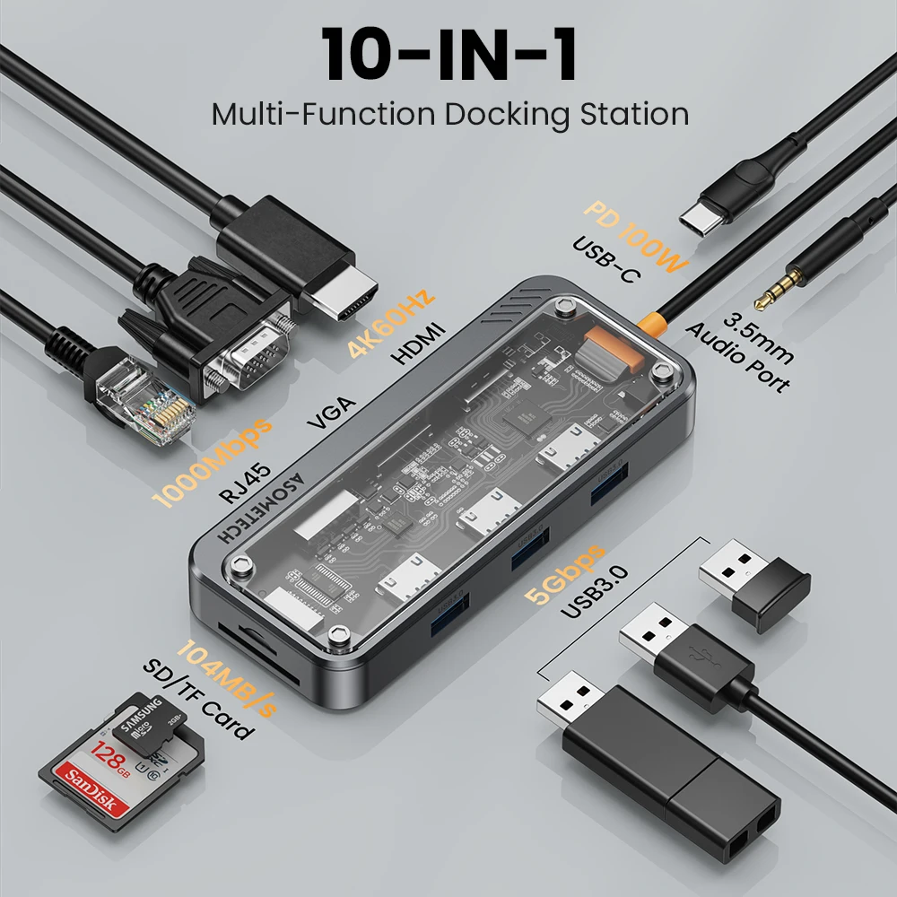 Estação de Ancoragem Usb c Hub 10 em tipo c para Hub Compatível com Hdmi Adaptador Usb 3.0 pd 100w para Macbook pc Laptop Tablet - Imagem 4