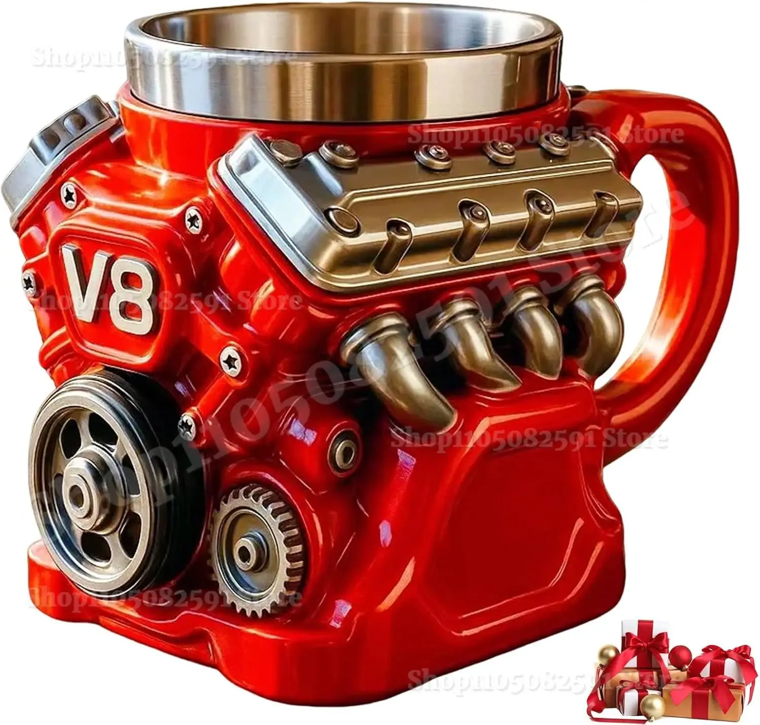 Retro V8 Engine Coffee Mug – Stainless Steel Double-Wall Insulated Car Mug with Handle 1