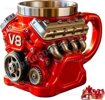 Retro V8 Engine Coffee Mug – Stainless Steel Double-Wall Insulated Car Mug with Handle 1