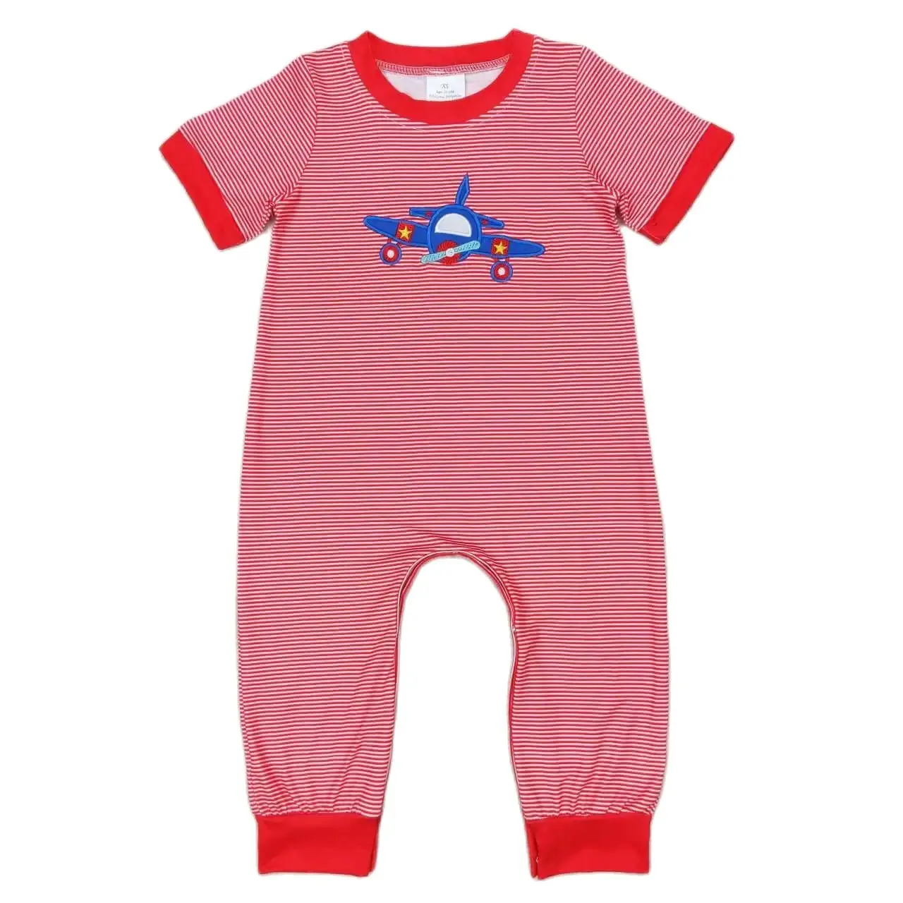 

SR1043 Kids Baby Boy Clothes Short Sleeves Top Embroidery Airplane Red Stripes Print With Jumpsuit Children Clothes