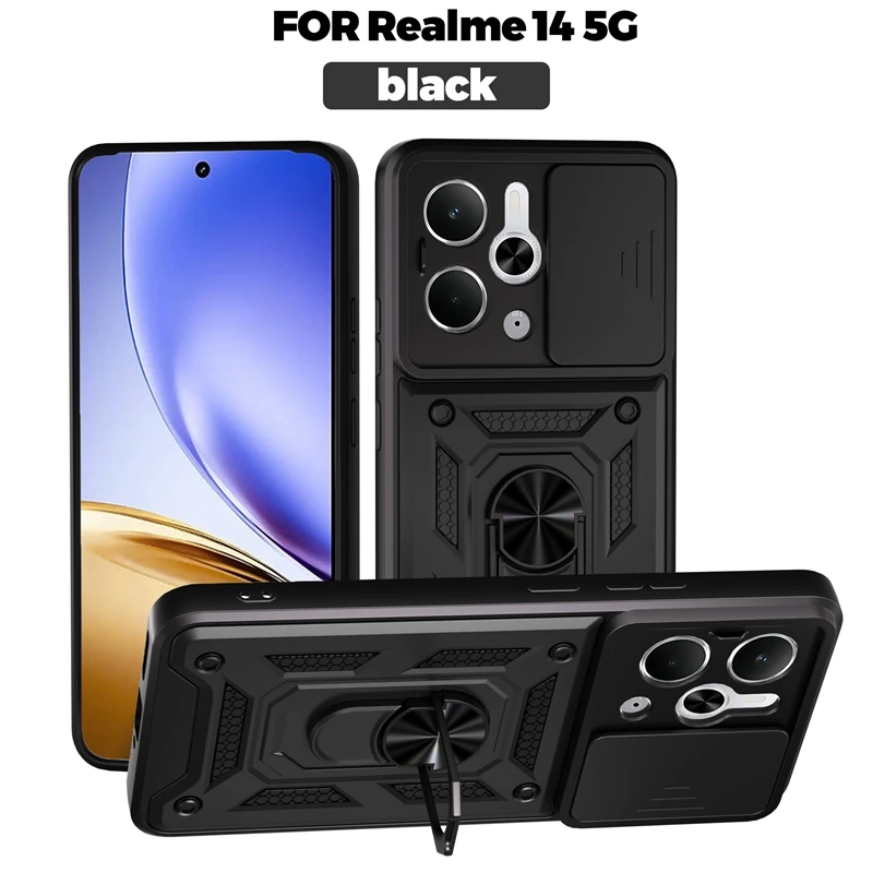 Enhanced Slide Camera Protection Phone Case with Magnetic Ring Holder and Armor Back Cover