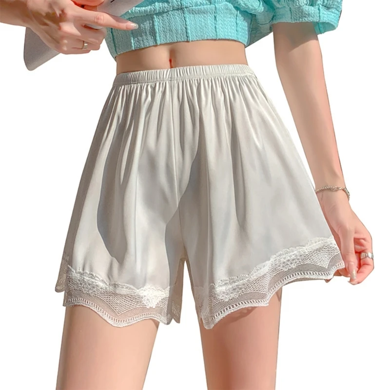 Women Cute Lace Shorts Loose Solid Stretchy Underwear Shorts Safety Pants Loose Anti-glare Under Skirts Mid Thigh
