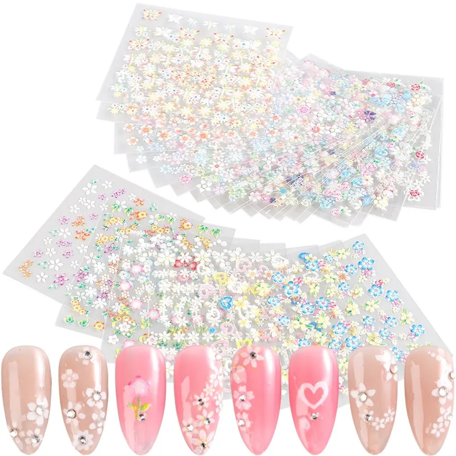 Nail Stickers 30 Pcs Colorful Flower Nail Stickers Set Small Sakura Daisy Cute Flowers Decals 3D Self Adhesive Sliders Manicure Decoration