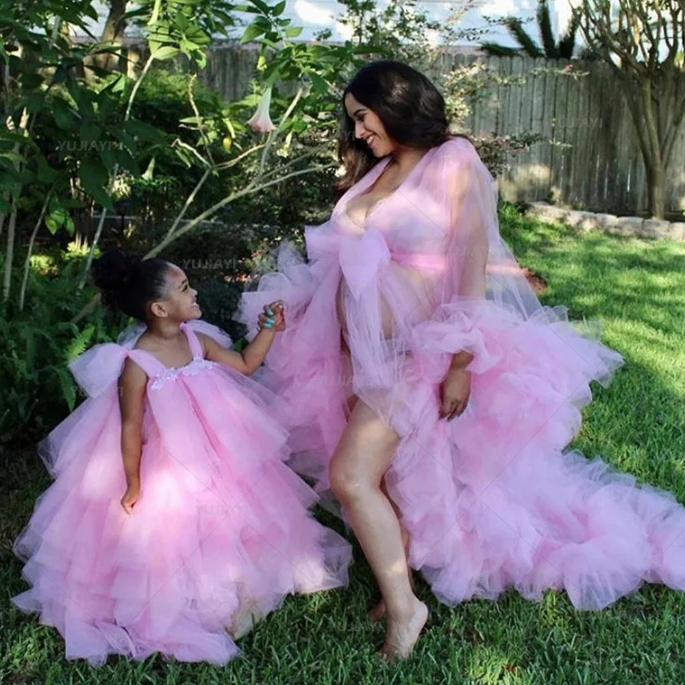 

Pink Mommy and Me Matching Dress for PhotoShoot Puffy Tulle Ruffles Mom and Daughter Evening Dress Girl Birthday Party Prom Gown