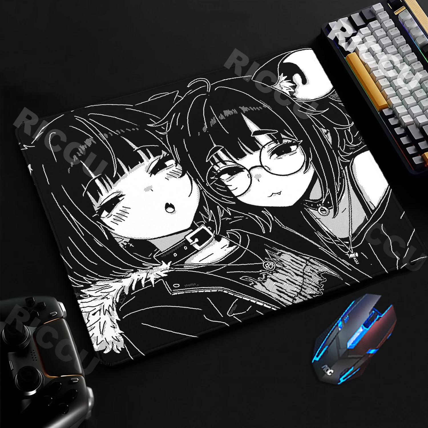 Monochrome Pixel Aesthetic Gaming Mouse Pad with Anime Design - Non-Slip Rubber Desk Mat for E-Sports & Office Use