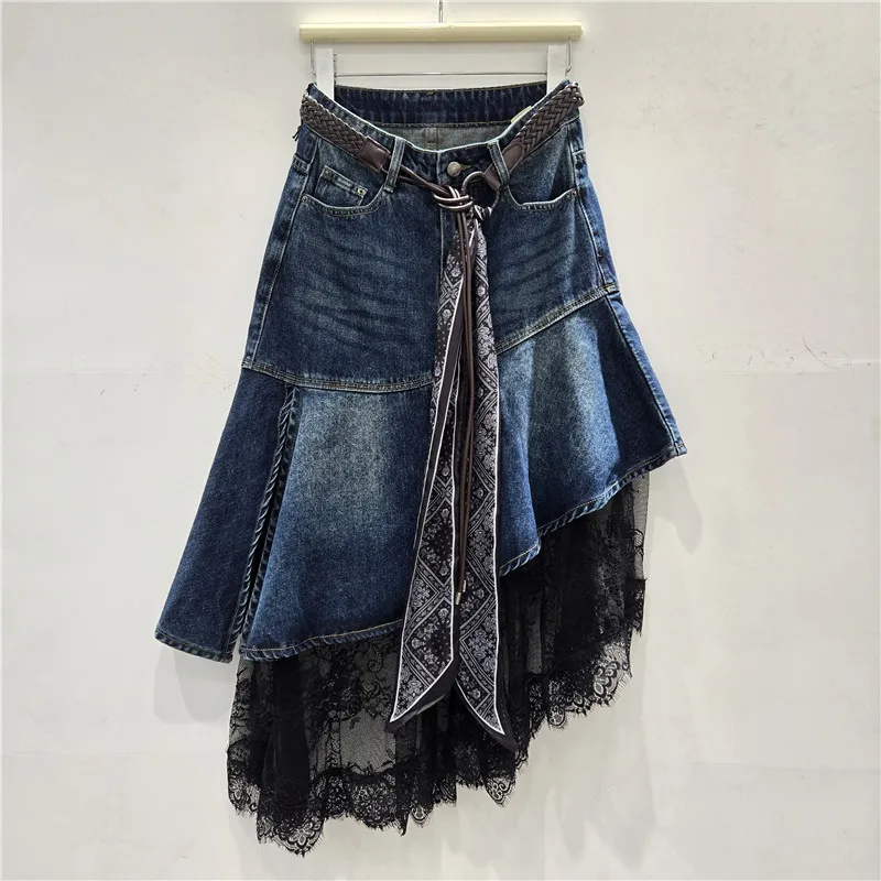 Denim Skirt Women Asymmetrical Skirts Patchwork Lace Vintage High Waist Belt Washed Distressed Streetwear Spring Summer 2026