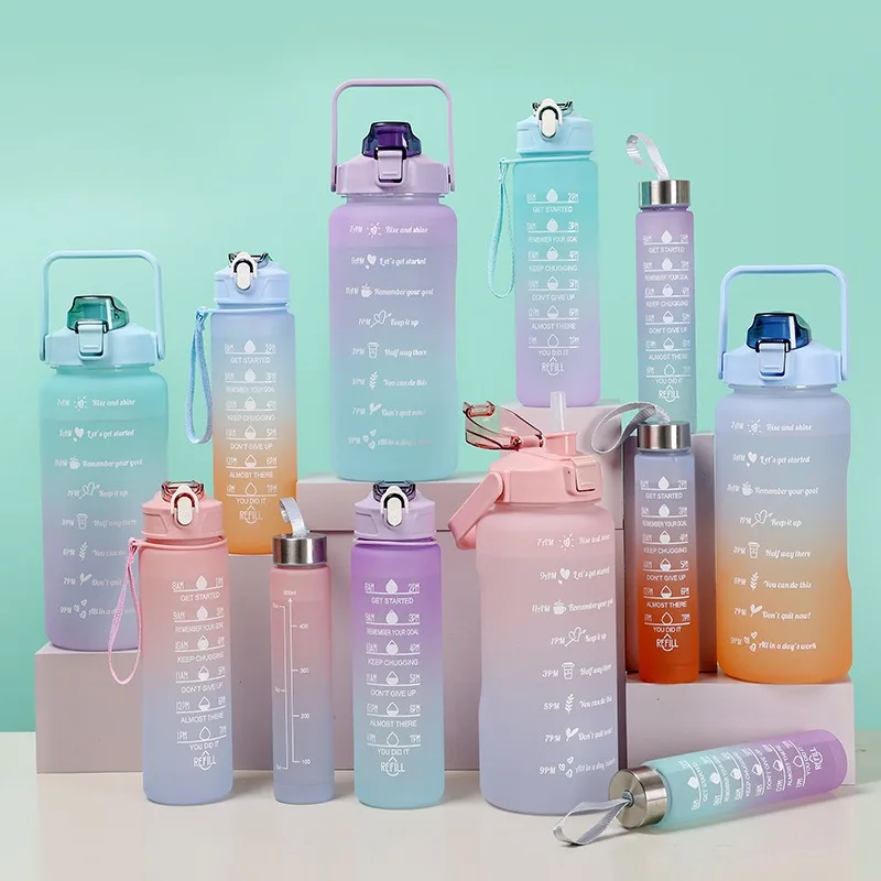 

3pc/set 2000ml/750ml/300ml Gradual Color Frosted Sports Water Bottles Portabl Outdoor Straw Water Jug Travel Gym Bottle Set Tool