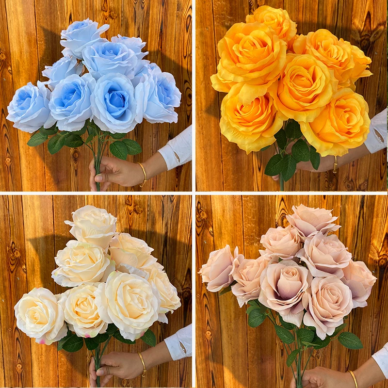 

9 Heads Artificial Flower Wedding Decoration Bride Holding Silk Rose Bouquet Home Room Decor Simulation Plants Party