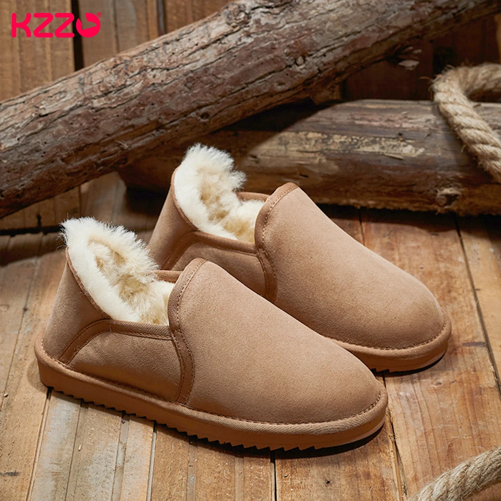 

KZZO Sheepskin Suede Leather Men's Slip-On Boots Sheep Wool Fur Lined Winter Short Ankle Snow Boots Waterproof Casual Shoes
