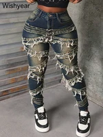 Vintage Pencil Pants Ripped Spliced Women Jeans Distressed Stretch Denim Trouser Wash Dark Blue Skinny Pockets Punk Style y2k