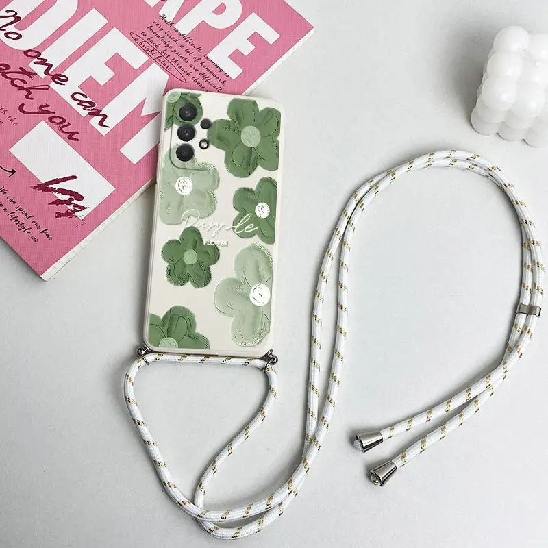 Green Floral Crossbody Lanyard Silicone Phone Case Cover